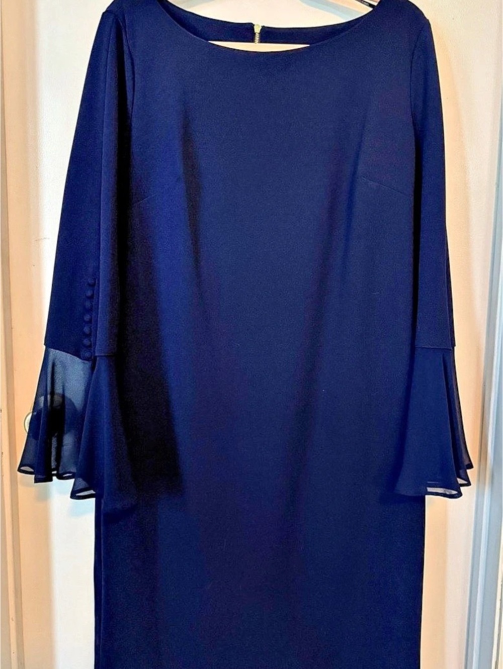 Calvin Klein Navy Sheath Dress 16 Chiffon Bell Sleeve Gold Zip